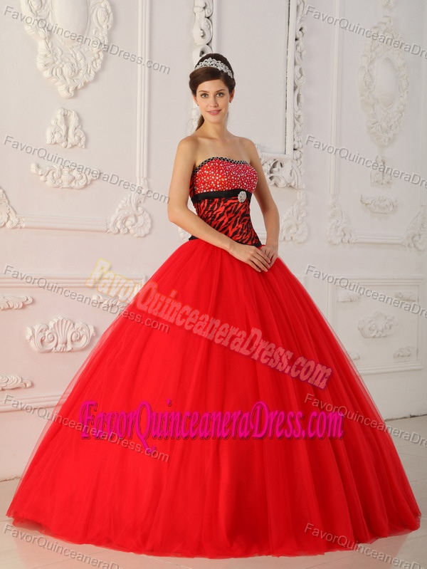 Sassy Red Strapless Floor-length Tulle and Zebra Quinces Dress with Beading