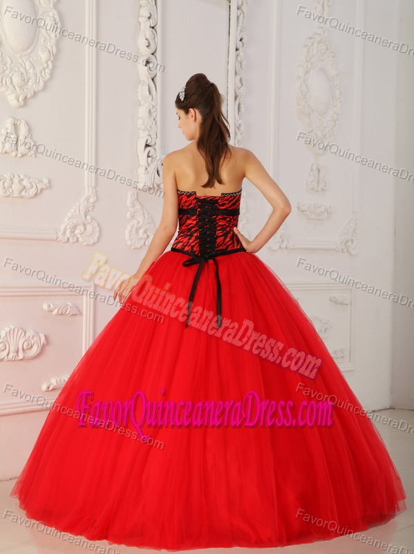 Sassy Red Strapless Floor-length Tulle and Zebra Quinces Dress with Beading