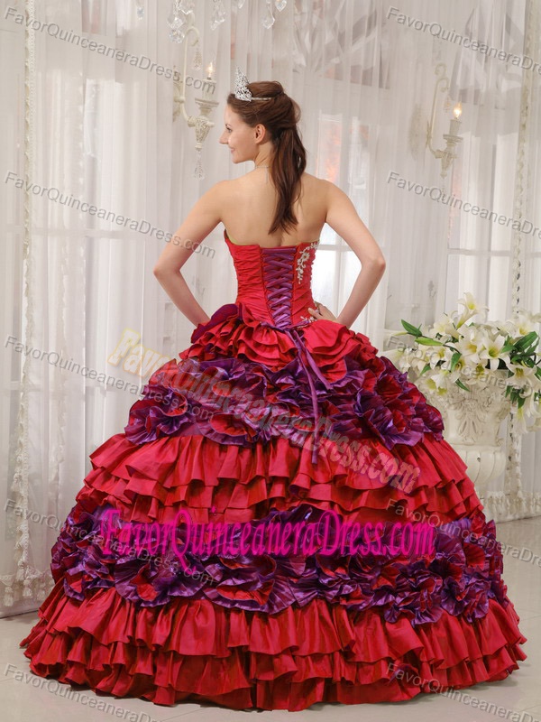 Beautiful Red Strapless Taffeta Dress for Quince with Appliques and Ruche