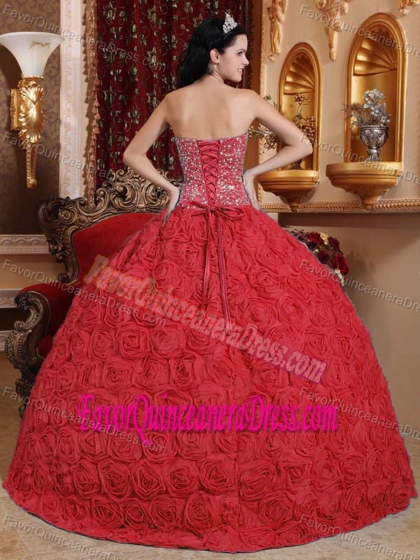 Cute Red Ball Gown Strapless Dresses for Quinceaneras with Rolling Flowers