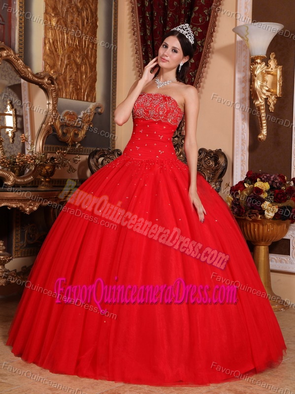 Princess Red Ball Gown Strapless Tulle Beaded Quinceanera Gown Dresses
