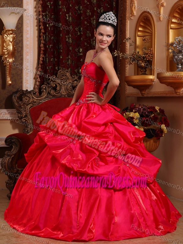 Fitted Strapless Floor-length Taffeta Beaded Dress for Quinceaneras in Red