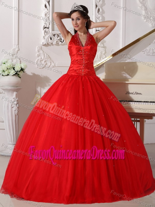 Fabulous Red V-neck Tulle Beaded Dress for Quinceanera in Floor-length