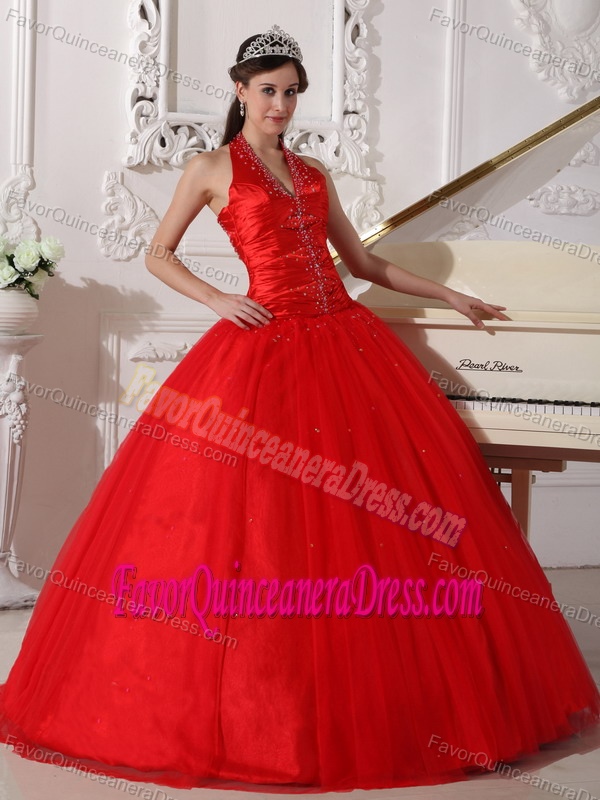 Fabulous Red V-neck Tulle Beaded Dress for Quinceanera in Floor-length