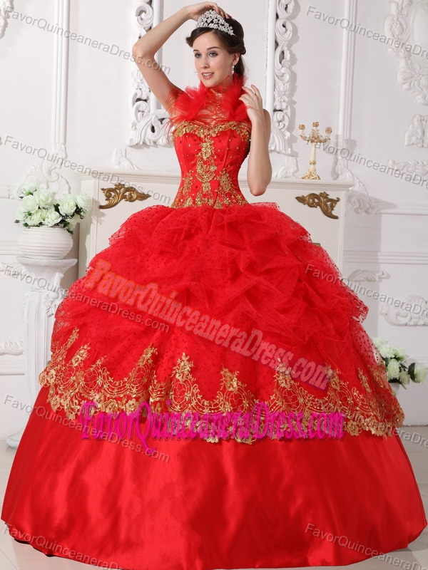 Impressive Red and Gold Halter Sweet Sixteen Quinceanera Dresses in Taffeta