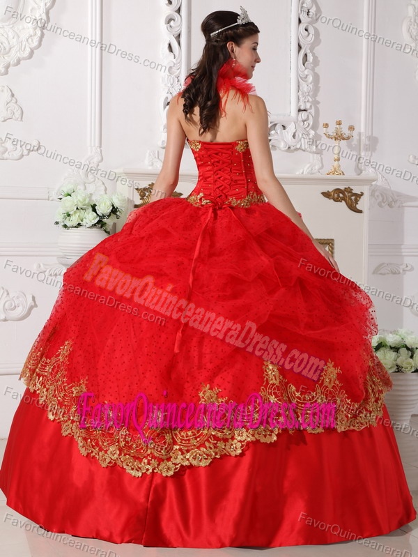 Impressive Red and Gold Halter Sweet Sixteen Quinceanera Dresses in Taffeta