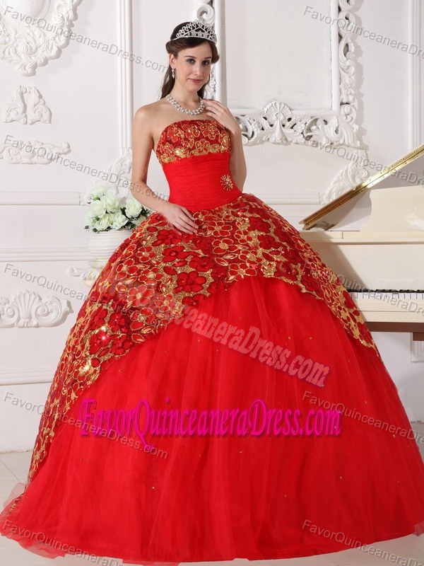 Recommended Red Strapless Tulle Sweet 15 Dresses with Beading and Ruche