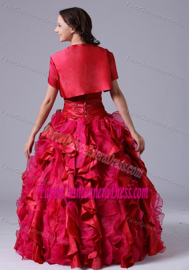 Unique Beaded Taffeta Quinceanera Gown Bust with Ruche and Red Ruffles