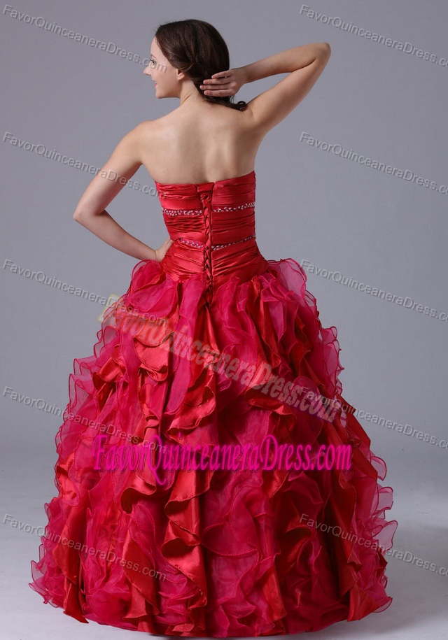 Unique Beaded Taffeta Quinceanera Gown Bust with Ruche and Red Ruffles