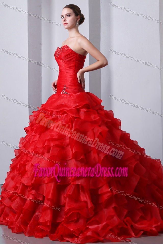 Magnificent Red Quinceanera Dresses with Beading and Ruffles in Organza