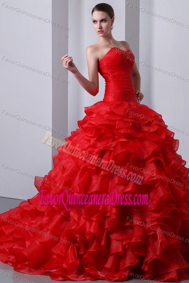 Magnificent Red Quinceanera Dresses with Beading and Ruffles in Organza