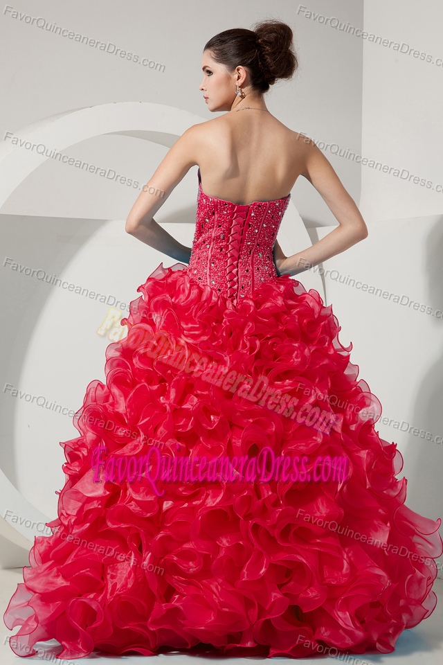 Amazing Coral Red Organza Beaded Quinceanera Gowns with Sweetheart