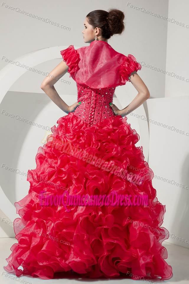 Amazing Coral Red Organza Beaded Quinceanera Gowns with Sweetheart