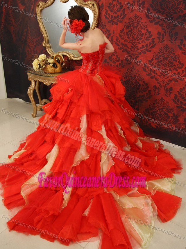 Exquisite Ruffled Red and Champagne Dresses for Quinceaneras with Beading