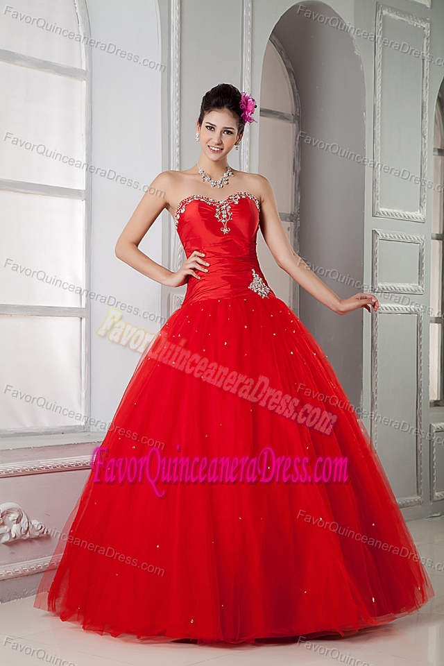 Romantic Sweetheart Floor-length Tulle Beading Sweet 16 Dresses in Red