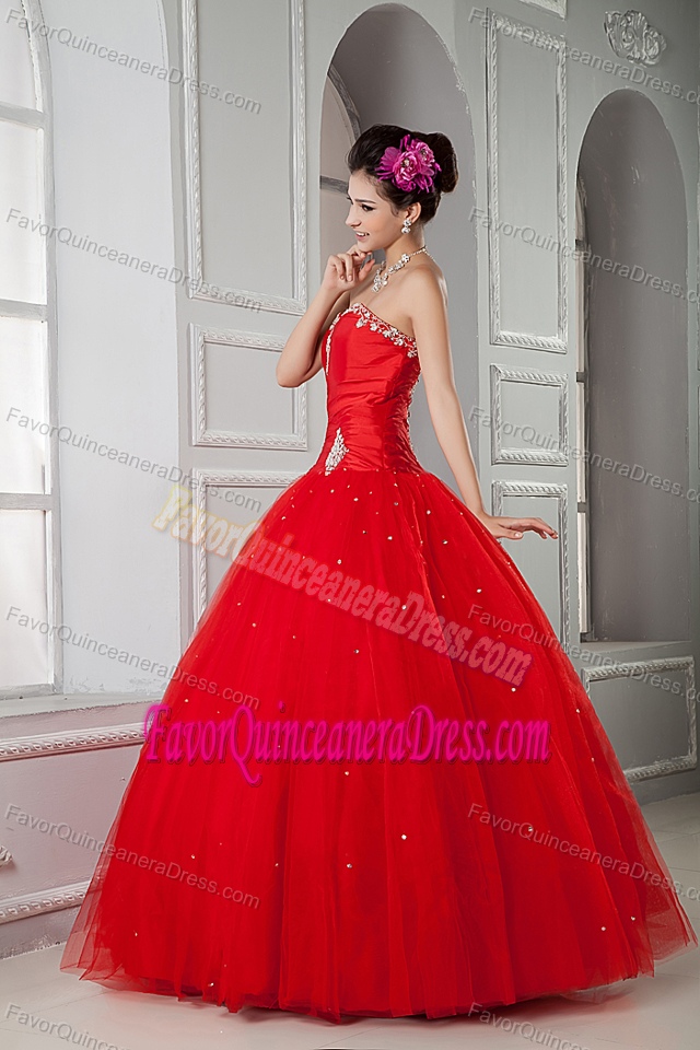 Romantic Sweetheart Floor-length Tulle Beading Sweet 16 Dresses in Red
