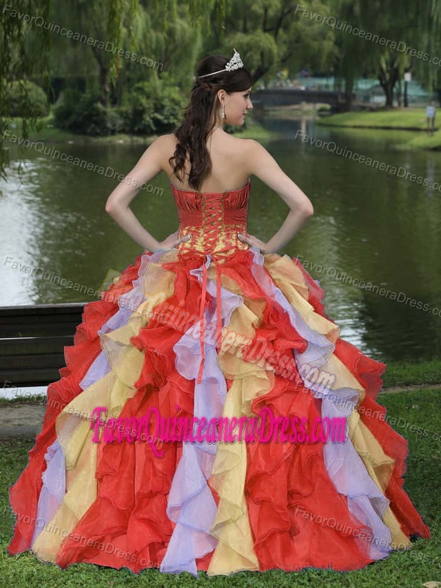 Pretty Organza Colorful Quince Dresses with Appliques and Layered Ruffles