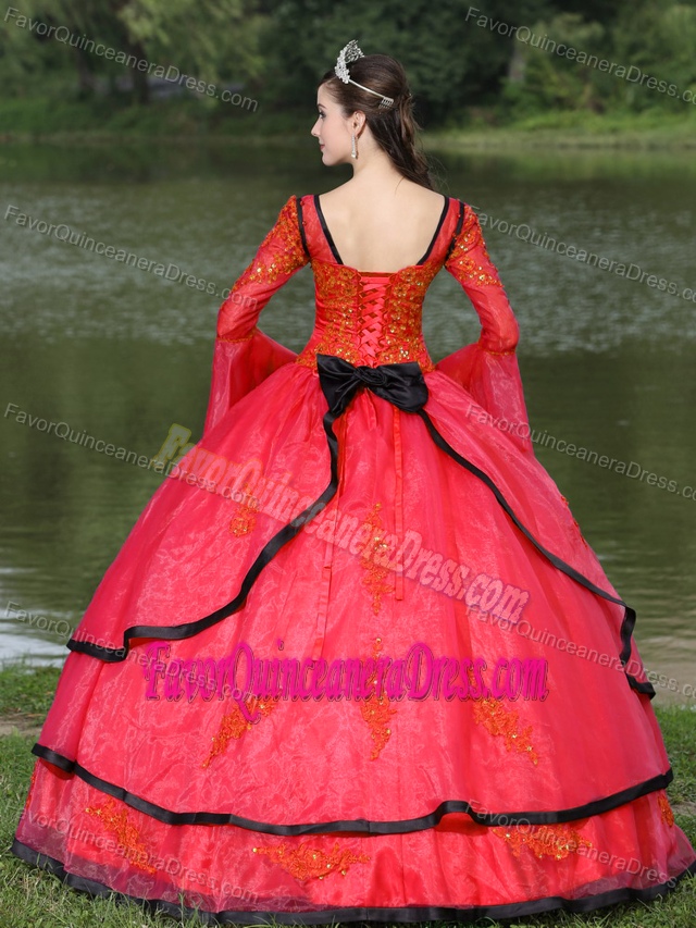 Perfect Long Sleeves Organza Dress for Quinceanera with Appliques in Red