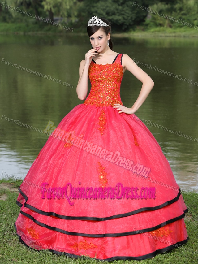 Perfect Long Sleeves Organza Dress for Quinceanera with Appliques in Red