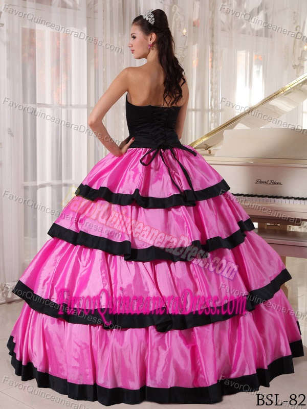 Rose Pink and Black Strapless Floor-length for Quinceanera Gown in Taffeta