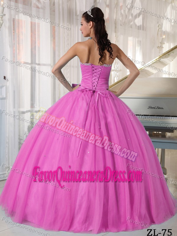 Sweetheart Tulle Beaded Rose Pink for Quinceanera Dresses with Bowknot