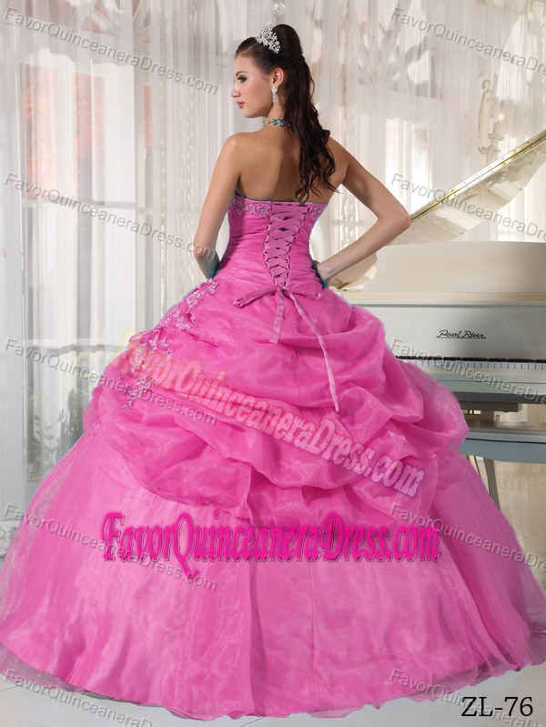 Ball Gown Strapless Floor-length Organza Appliques Quinceanera Gown in Pink