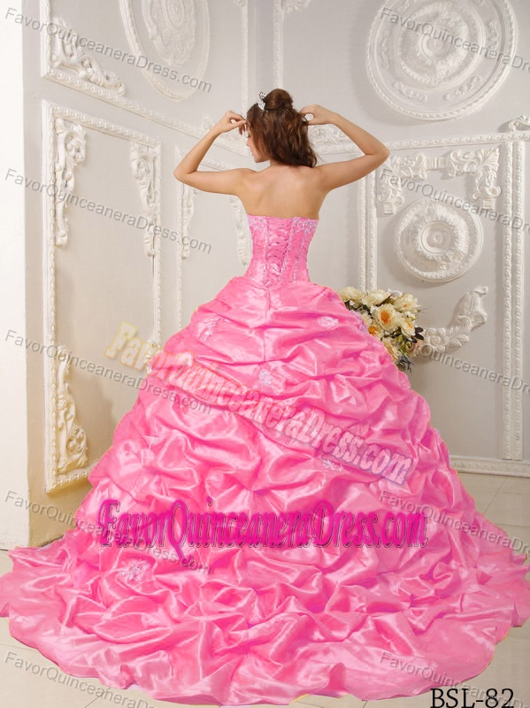Strapless Court Train Taffeta Appliqued and Beaded Quinces Dresses in Hot Pink