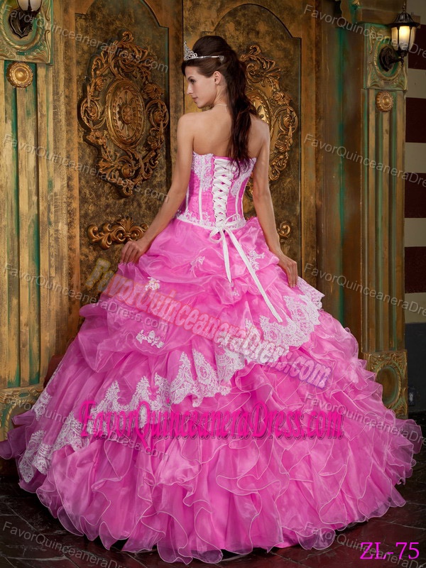 Strapless Floor-length Organza Hot Pink Ball Gown Quinces Dresses with Ruffles