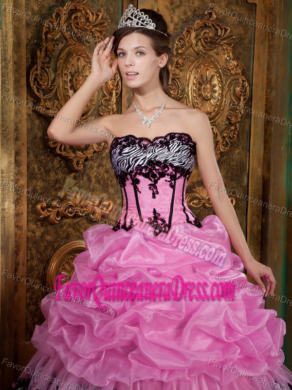 Taffeta Rose Pink Ball Gown Strapless Dress for Quinceanera with Picks-Up