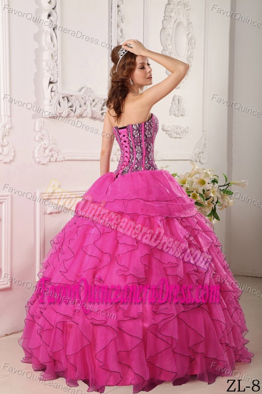 Hot Pink Floor-length Organza Beaded Quinceanera Dresses with Sweetheart