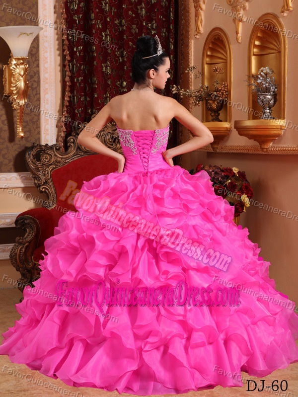 Beaded and Appliqued Rose Pink Strapless for 2013 Quince Dresses in Organza