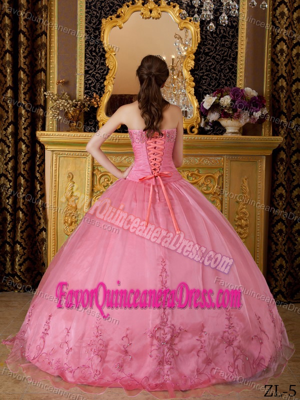 Ball Gown Sweetheart Floor-length Appliqued Organza Quince Dresses in Rose Pink