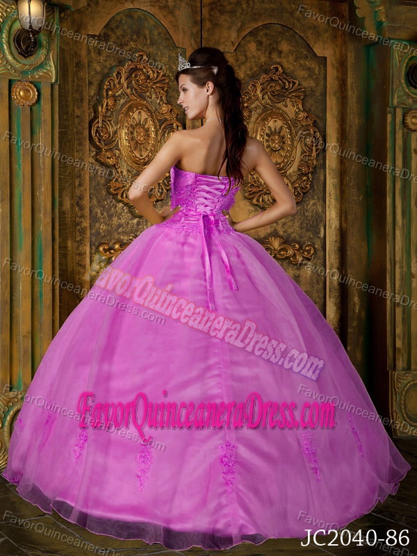 Strapless Appliqued Rose Pink Ball Gown Dresses for Quinceanera in Organza