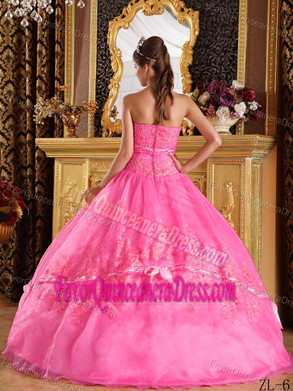 Organza Rose Pink Ball Gown Strapless Dresses for Quinceanera with Appliques