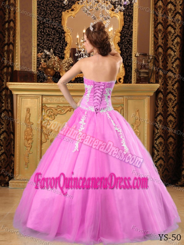 Popular Sweetheart Floor-length Tulle Appliqued for Quinceanera Gowns in Pink