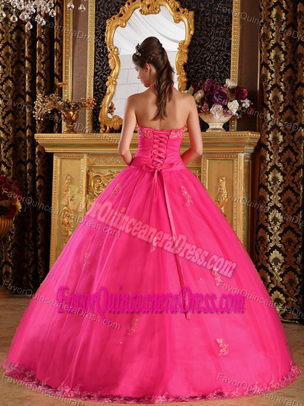Floor-length Appliqued Tulle Hot Pink Ball Gown Quinceanera Gowns with Halter