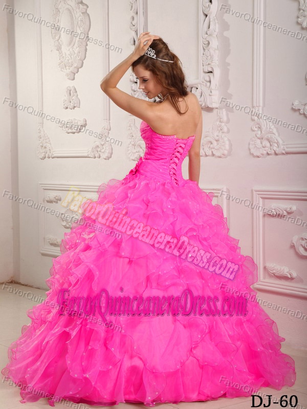 Romantic Organza Beaded Hot Pink Ball Gown Quinceanera Gowns with Sweetheart