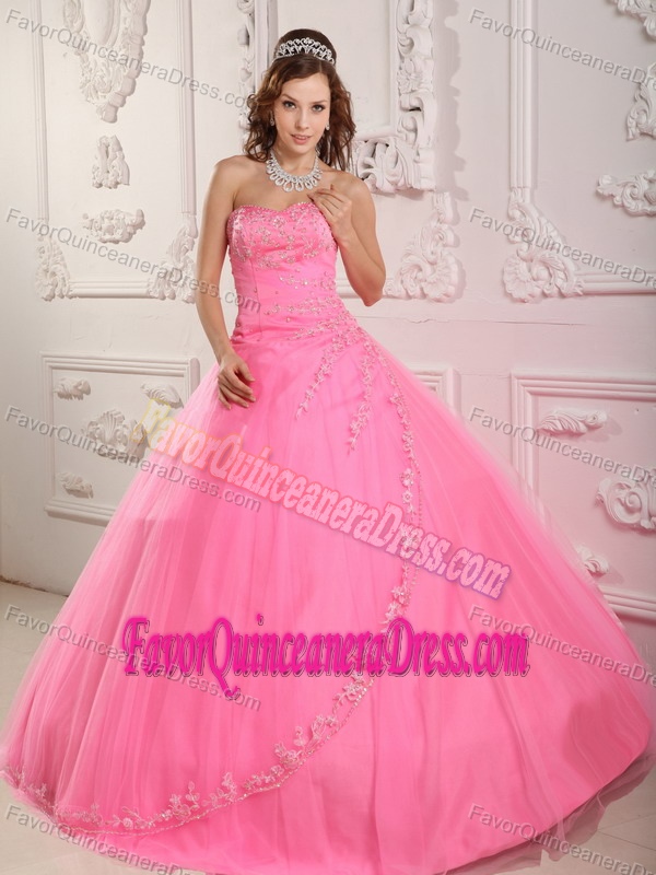 Classical Tulle Appliqued Rose Pink Floor-length Quince Dresses with Sweetheart
