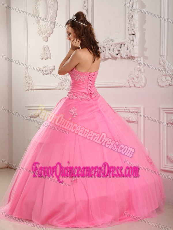Classical Tulle Appliqued Rose Pink Floor-length Quince Dresses with Sweetheart