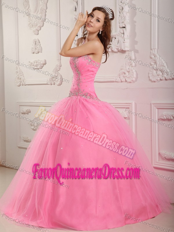 Lovely Sweetheart Floor-length Tulle Appliqued Quinceanera Gown in Rose Pink