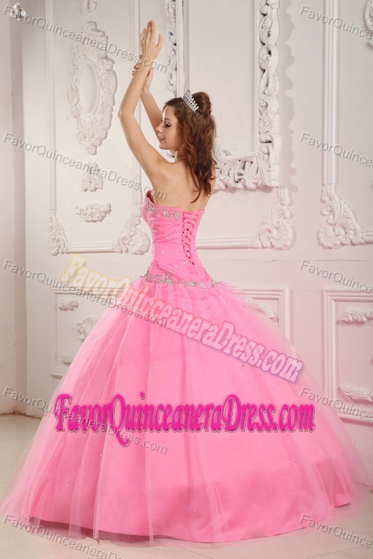 Lovely Sweetheart Floor-length Tulle Appliqued Quinceanera Gown in Rose Pink