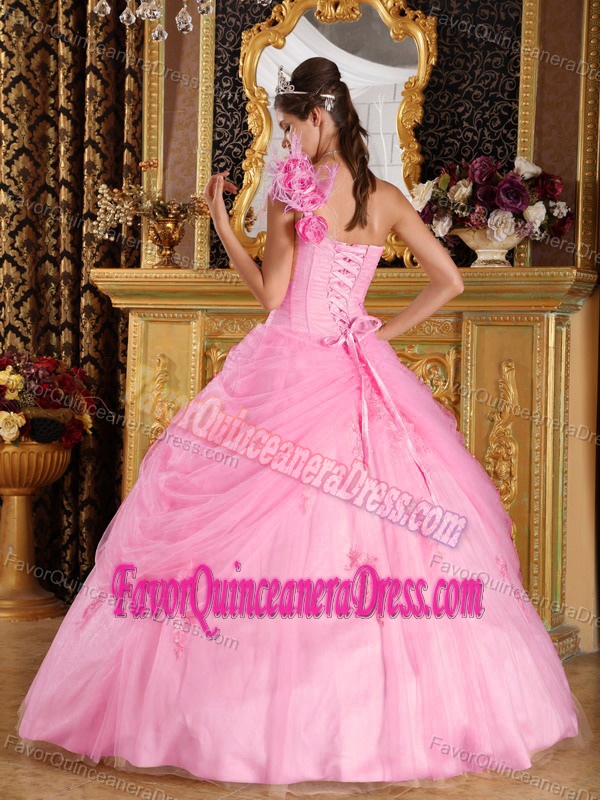 Appliqued Tulle Pink Ball Gown Floor-length Quinceanera Dress with One Shoulder