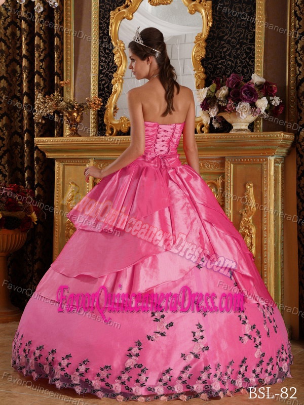 Floor-length Taffeta Hot Pink Ball Gown Sweetheart Quince Dresses with Appliques