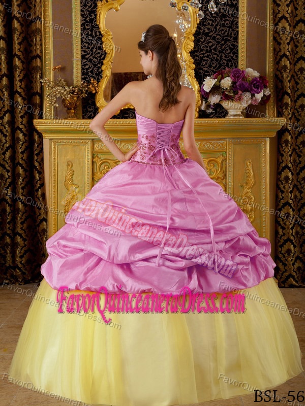 Strapless Taffeta and Tulle Beaded Quinceanera Gowns in Hot Pink and Yellow