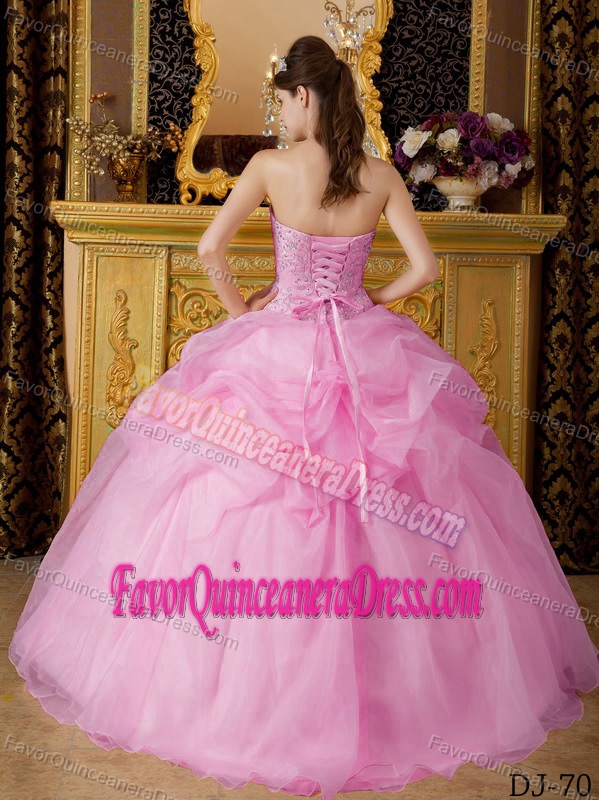 Pink Ball Gown Strapless Floor-length Beaded Quinceanera Gowns in Organza