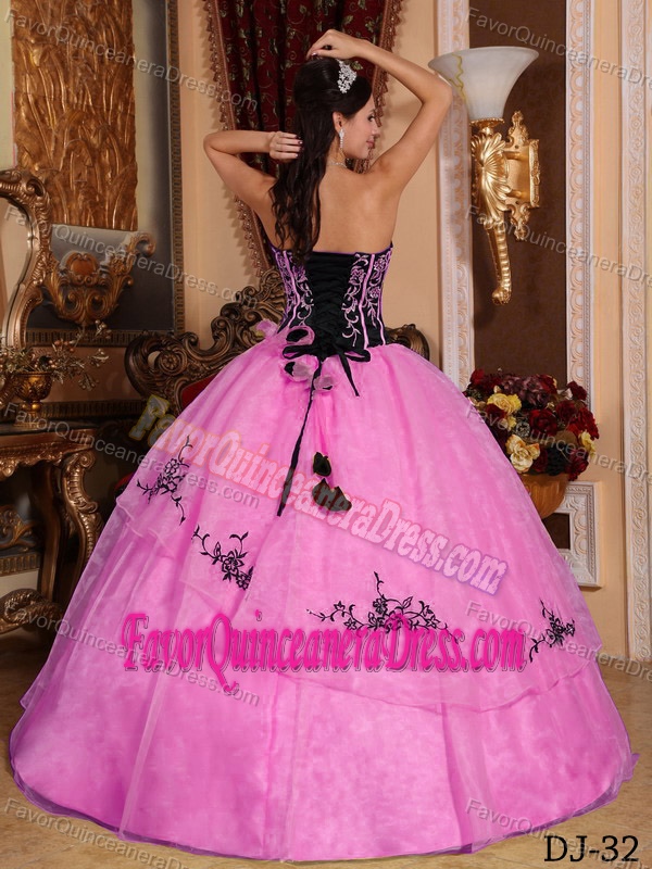 Organza Embroidery Strapless Floor-length Quinceanera Gowns in Hot Pink