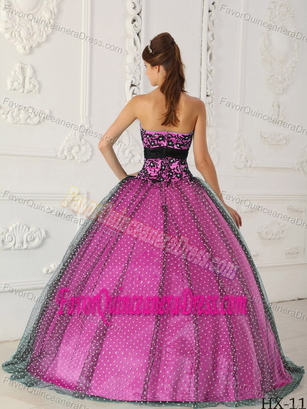 Beaded and Appliqued Black and Fuchsia Quince Dresses in Taffeta and Tulle