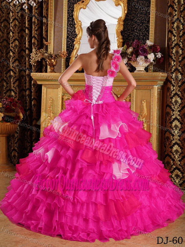 Ruffled Organza and Beaded Hot Pink Quinceanera Dresses with One Shoulder