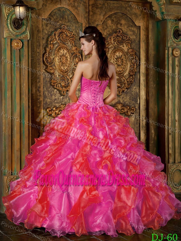 Organza Hot Pink Ball Gown Strapless Floor-length Quinceanera Gown with Ruffles