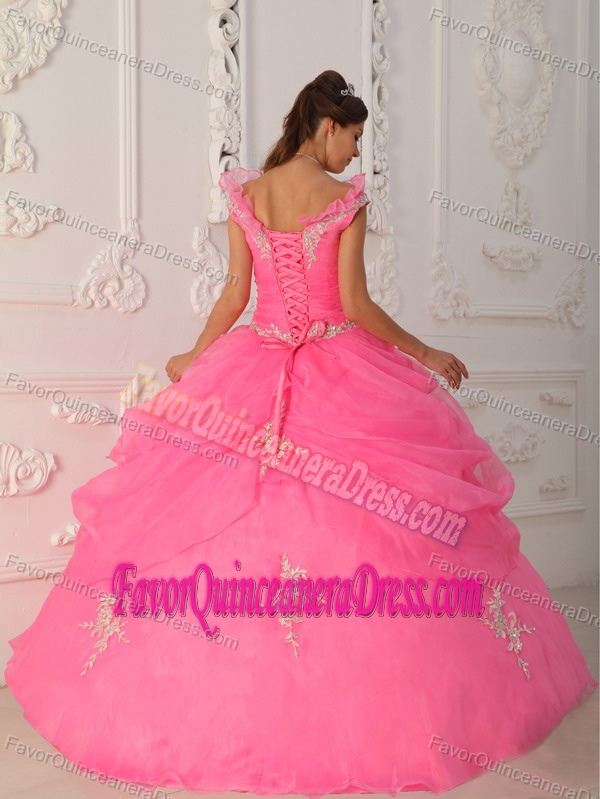 Taffeta and Organza Appliqued Beaded Pink Quinceanera Dresses with V-neck